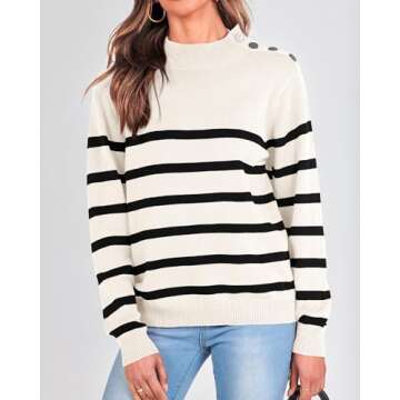 KIRUNDO Women's 2024 Fall Winter Long Sleeve Knit Sweater Turtleneck Striped Loose Pullover Tops Deco with Metal Buttons Cream and Black Striped Sweater(Large, White)