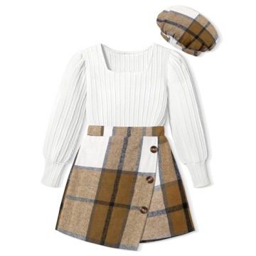 Trendy Girls' Outfit Set: White Puff Sleeve Top & Brown Plaid Skirt