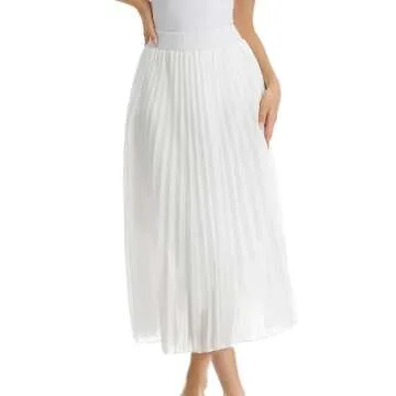 TEERFU Women's Casual High Waist A Line Stretch Pleated Midi Swing Skirt White Medium