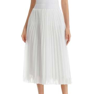TEERFU Women's Casual High Waist A Line Stretch Pleated Midi Swing Skirt White Medium