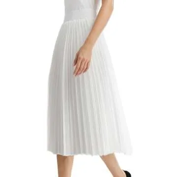 TEERFU Women's Casual High Waist A Line Stretch Pleated Midi Swing Skirt White Medium