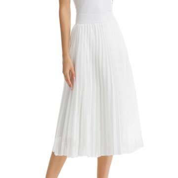 TEERFU Women's Casual High Waist A Line Stretch Pleated Midi Swing Skirt White Medium