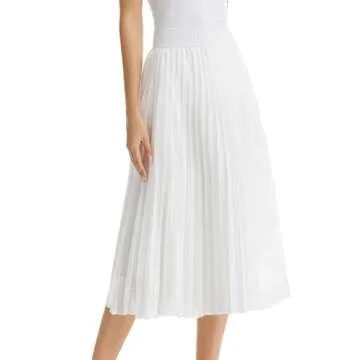 TEERFU Women's Casual High Waist A Line Stretch Pleated Midi Swing Skirt White Medium