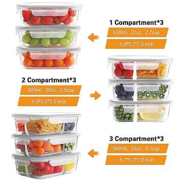 Bayco 9 Pack Glass Meal Prep Containers 3 & 2 & 1 Compartment, Glass Food Storage Containers with Li...