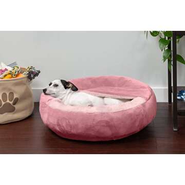 Furhaven 24" Round Calming Donut Dog Bed for Indoor Cats & Small Dogs, Washable, For Dogs Up to 20 lbs - Plush Velvet Waves Hooded Donut Bed - Rose Pink, Small