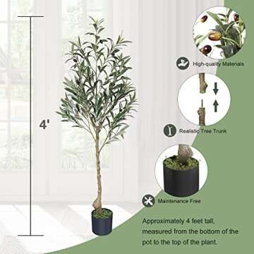 Artifical Tree 4FT Faux Olive Tree for Office Home Decor Fake OliveTree Indoor with Natural Trunk and Lifelike Fruits in a Pot for Housewarming Gift(1 Pack)