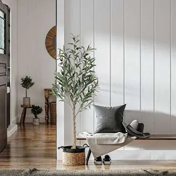 Artifical Tree 4FT Faux Olive Tree for Office Home Decor Fake OliveTree Indoor with Natural Trunk and Lifelike Fruits in a Pot for Housewarming Gift(1 Pack)