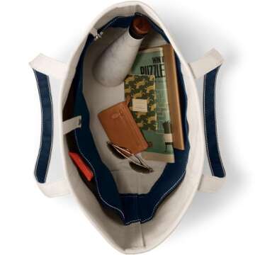 Lands' End Natural Long Handle Open Top Canvas Tote - Natural/Radiant Navy Small