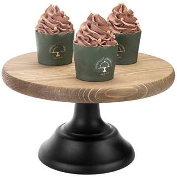 MyGift 10-inch Round Brown Wooden Cake/Cupcake Dessert Pedestal Display Stand with Black Base for Birthday, Wedding and Party