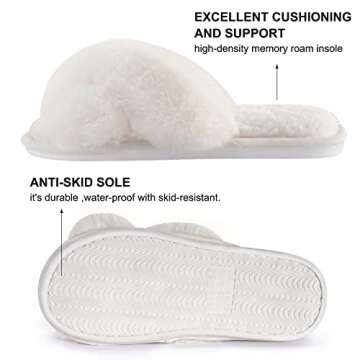 Hi Clasmix Fuzzy Slippers for Women-Cross Band Cozy House Home Bedroom Fluffy Slippers Plush Furry Open Toe Slide Slipper(White, 9-10