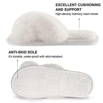 Hi Clasmix Fuzzy Slippers for Women-Cross Band Cozy House Home Bedroom Fluffy Slippers Plush Furry Open Toe Slide Slipper(White, 9-10
