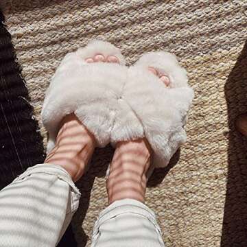 Hi Clasmix Fuzzy Slippers for Women-Cross Band Cozy House Home Bedroom Fluffy Slippers Plush Furry Open Toe Slide Slipper(White, 9-10