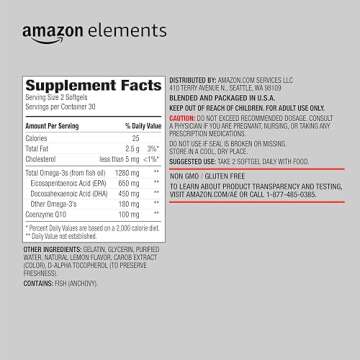 Amazon Elements Omega 3 Wild-caught Fish Oil + CoQ10 with Natural Lemon Flavor, EPA & DHA Omega-3 fatty acids, 60 Softgels (1250 mg Omega 3s and 100 mg CoQ10 per serving)