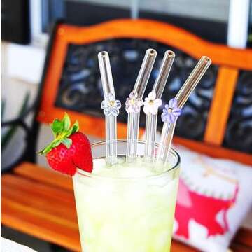 Glass Straws with Design, Colorful Shatter Resistant Bend, 8.2'' X 8mm with Cleaning Brush