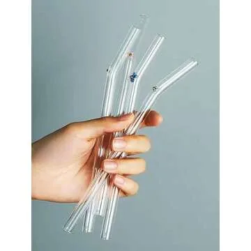 Glass Straws with Design, Colorful Shatter Resistant Bend, 8.2'' X 8mm with Cleaning Brush