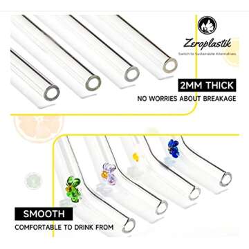 Glass Straws with Design, Colorful Shatter Resistant Bend, 8.2'' X 8mm with Cleaning Brush