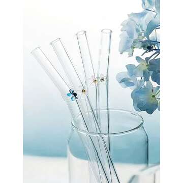 Glass Straws with Design, Colorful Shatter Resistant Bend, 8.2'' X 8mm with Cleaning Brush