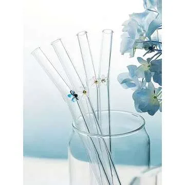 Glass Straws with Design, Colorful Shatter Resistant Bend, 8.2'' X 8mm with Cleaning Brush