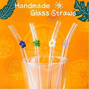 Glass Straws with Design, Colorful Shatter Resistant Bend, 8.2'' X 8mm with Cleaning Brush