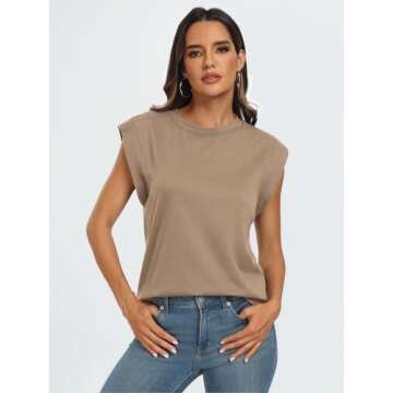 AUTOMET Women's Sleeveless Summer Tank Tops Casual Trendy T Shirts Basic Trendy Cap Sleeve Oversized Tee 2025 Khaki L