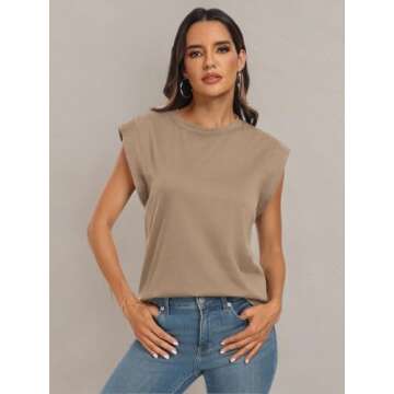 AUTOMET Women's Sleeveless Summer Tank Tops Casual Trendy T Shirts Basic Trendy Cap Sleeve Oversized Tee 2025 Khaki L