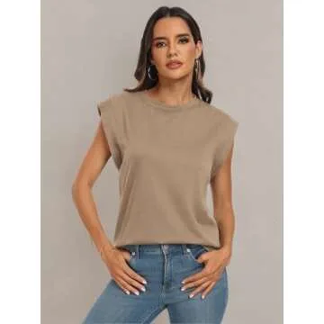 AUTOMET Women's Sleeveless Summer Tank Tops Casual Trendy T Shirts Basic Trendy Cap Sleeve Oversized Tee 2025 Khaki L