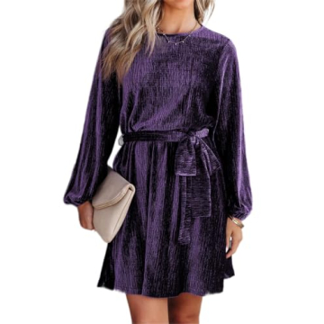 Happy Sailed Women's Mini Dress Fashion Long Lantern Sleeve High Waist Retro Velvet Short Cocktail P...