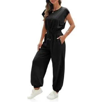 Fisoew Womens Oversized Sleeveless Loose Casual Crew Neck Jumpsuits Open Back Summer Long Pants Baggy Rompers with Pockets