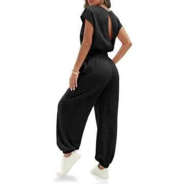 Fisoew Womens Oversized Sleeveless Loose Casual Crew Neck Jumpsuits Open Back Summer Long Pants Baggy Rompers with Pockets