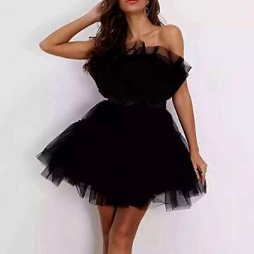 Tulle Dress Women Short Puffy Prom Dress Strapless Mesh Birthday Fairy Dresses Ruffle Dress for Women Color Black