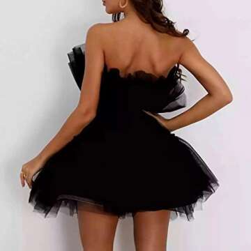 Tulle Dress Women Short Puffy Prom Dress Strapless Mesh Birthday Fairy Dresses Ruffle Dress for Women Color Black