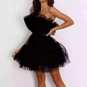 Tulle Dress Women Short Puffy Prom Dress Strapless Mesh Birthday Fairy Dresses Ruffle Dress for Women Color Black