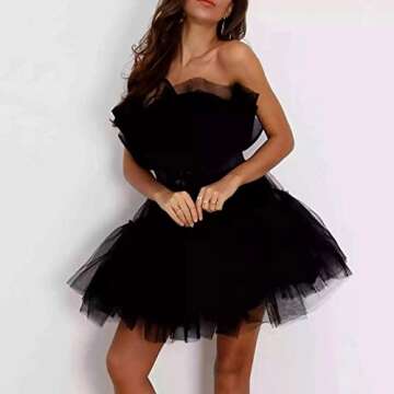 Tulle Dress Women Short Puffy Prom Dress Strapless Mesh Birthday Fairy Dresses Ruffle Dress for Women Color Black