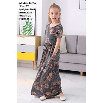 GORLYA Girl's Short Sleeve Floral Print Loose Casual Holiday Long Maxi Dress with Pockets 4-12 Years (6-7Years/Height:120cm, Grey Print)