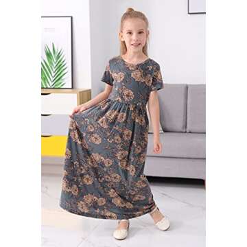 GORLYA Girl's Short Sleeve Floral Print Loose Casual Holiday Long Maxi Dress with Pockets 4-12 Years (6-7Years/Height:120cm, Grey Print)