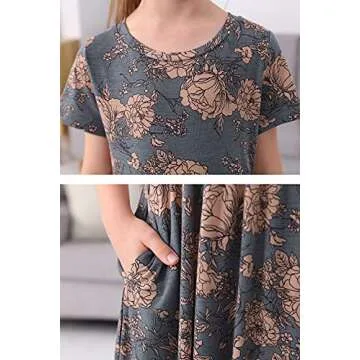 GORLYA Girl's Short Sleeve Floral Print Loose Casual Holiday Long Maxi Dress with Pockets 4-12 Years (6-7Years/Height:120cm, Grey Print)