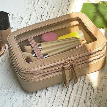 JAZD Clear Makeup Bag Organizer, Make Up Bag Cosmetic Bag, Toiletry Bag for Women Makeup Case, Travel Makeup Bag Small Pouch, Clear Cosmetic Train Case Bag Organizer Makeup Bag for Purse Bags (BEIGE)