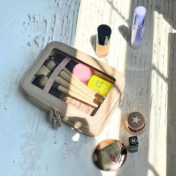 JAZD Clear Makeup Bag Organizer, Make Up Bag Cosmetic Bag, Toiletry Bag for Women Makeup Case, Travel Makeup Bag Small Pouch, Clear Cosmetic Train Case Bag Organizer Makeup Bag for Purse Bags (BEIGE)