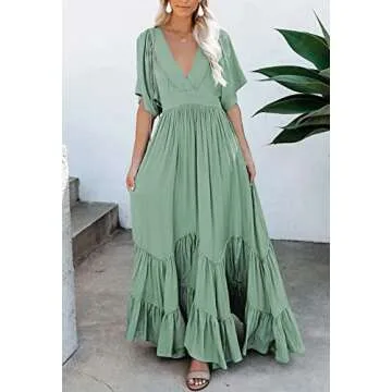 Linsery Boho Summer Maxi Dress V Neck Green Small
