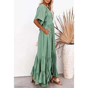 Linsery Boho Summer Maxi Dress V Neck Green Small