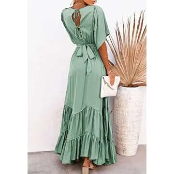 Linsery Boho Summer Maxi Dress V Neck Green Small