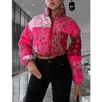 Tanming Women's Winter Warm Bandana Print Puffer Cropped Jacket Bubble Short Coat（Red-M）