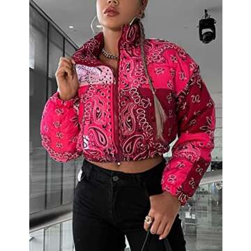 Tanming Women's Winter Warm Bandana Print Puffer Cropped Jacket Bubble Short Coat（Red-M）