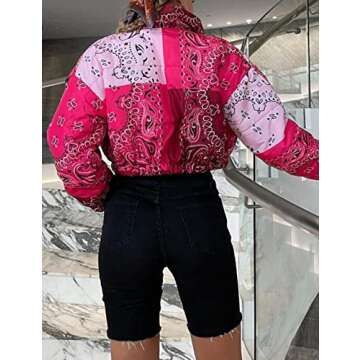 Tanming Women's Winter Warm Bandana Print Puffer Cropped Jacket Bubble Short Coat（Red-M）