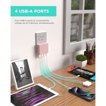 iHome Slim USB Wall Charger: AC Pro Multiport USB Plug Adapter & Phone Charging Block, 4 USB Plugs f...