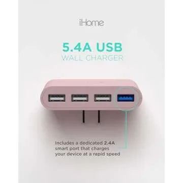 iHome Slim USB Wall Charger: AC Pro Multiport USB Plug Adapter & Phone Charging Block, 4 USB Plugs for Wall Outlet, Flat 4 Port Charger & Adapter