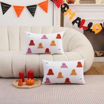 Tosleo Halloween Pillow Covers 12x20 inch Set of 2 Multicolour Ghosts Happy Halloween Pillows White ...