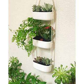 Mkono Hanging Wall Planter for Indoor Flower Plants, Ceramic Pots for Succulent Herb Air Faux Plant Holder Vertical Garden, Home Office Decor 3 Tier, White (Plant Not Included)