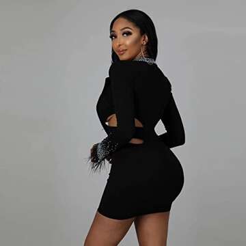 Womens Sexy Deep V Neck Long Sleeve Cut Out Bodycon Mini Dress Glitter Rhinestone Club Dresses Black S