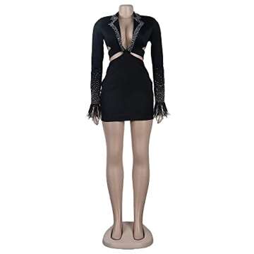Womens Sexy Deep V Neck Long Sleeve Cut Out Bodycon Mini Dress Glitter Rhinestone Club Dresses Black S